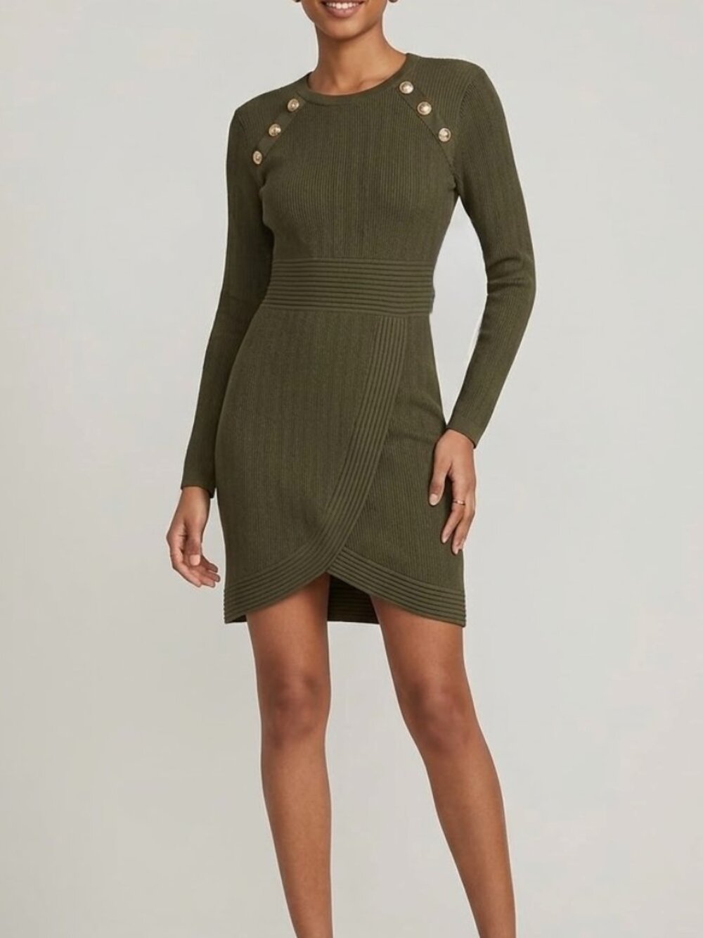 NWT EXPRESS Olive Green Ribbed Knit Sweater Dress Gold Buttons Large Quiet Lux